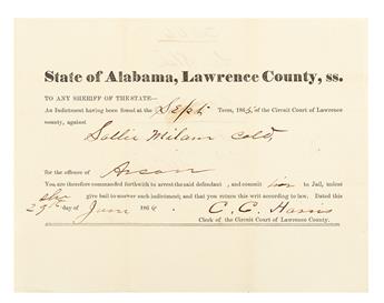 (SLAVERY AND ABOLITION.) ALABAMA COURT DOCUMENT. Two partially printed documents, accomplished by hand State of Alabama, Lawrence Coun